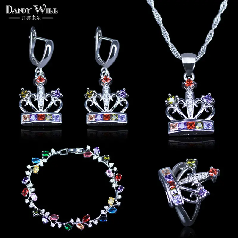 Trendy Crown Colorful Cubic Zirconia Silver Color Jewelry Sets For Women Jewellry Earrings Bracelet Necklace Ring | Украшения и