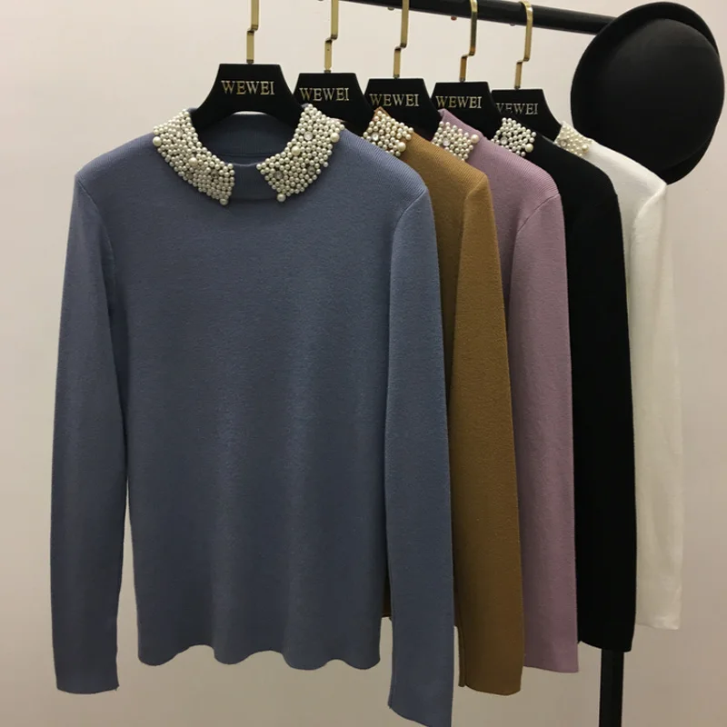 ALPHALMODA Beaded Collar Pullover Women Sweet Jumpers 2017 Winter New Ladies Solid Color Graceful Bottom Sweater | Женская одежда
