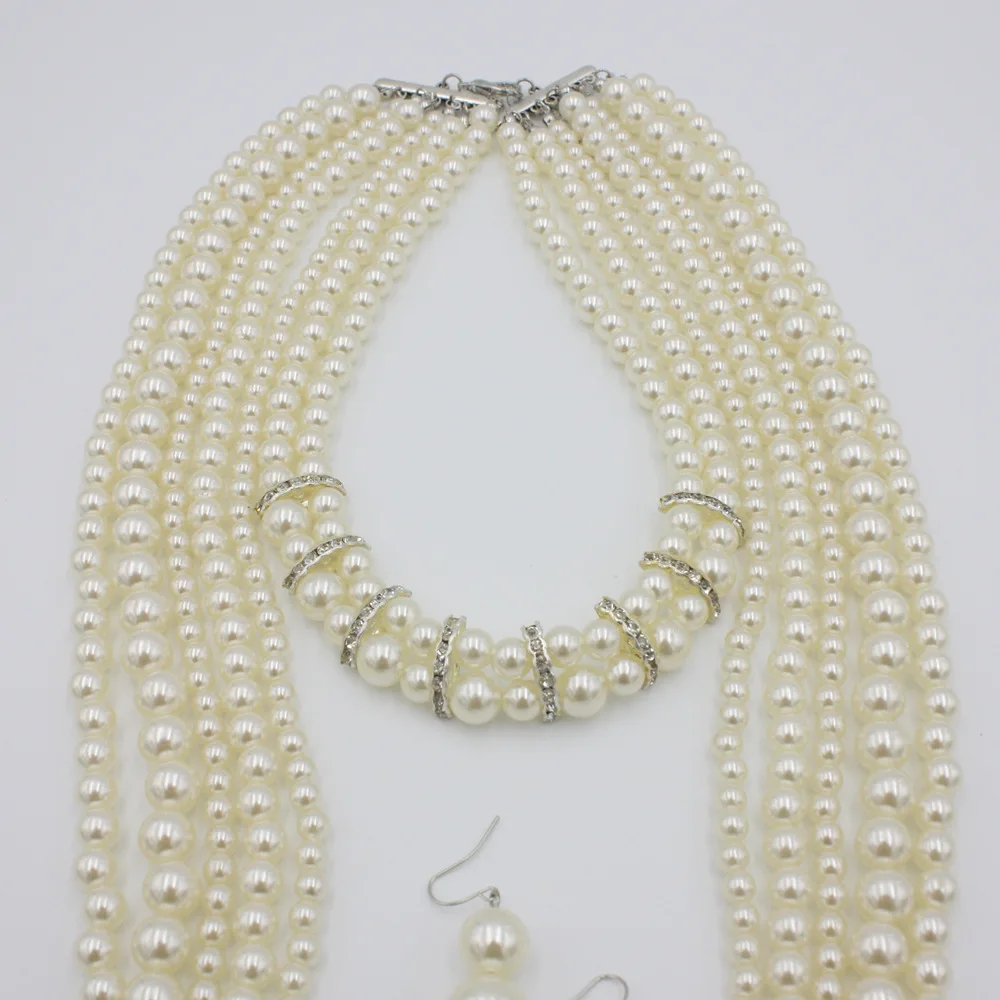 Большое многослойное длинное ожерелье и серьги с жемчужными бусинами exagerated для