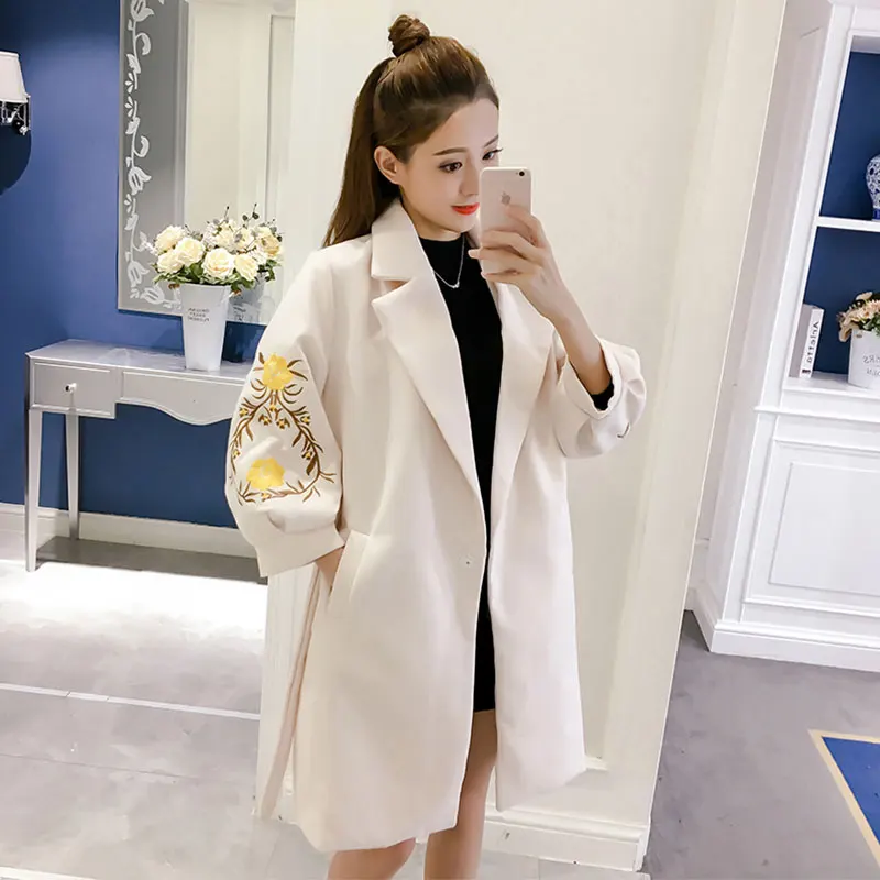 Зимнее женское пальто 2019 Вышитое шерстяное с рукавами фонариками зимние куртки