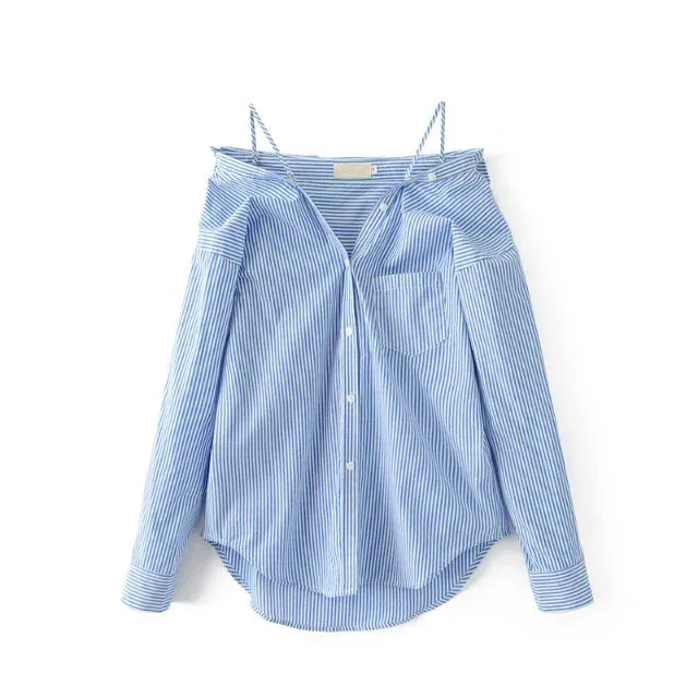 Женские блузки в полоску с открытыми плечами Лето 2017 новая модная голубая