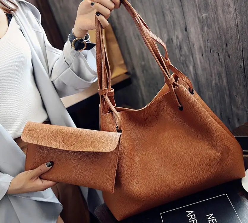 Сумка тоут женская из 2 предметов цвет черный серый/коричневый|handbag set|fashion