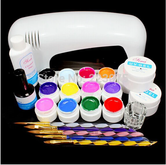 

PRO FULL 9W UV GEL White Lamp NAIL KIT 12 Color Pure UV GEL Nail Art Set