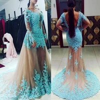 2021 tulle mermaid formal dresses with detachable skirt blue lace applique long sleeves skin tulle prom gowns festa