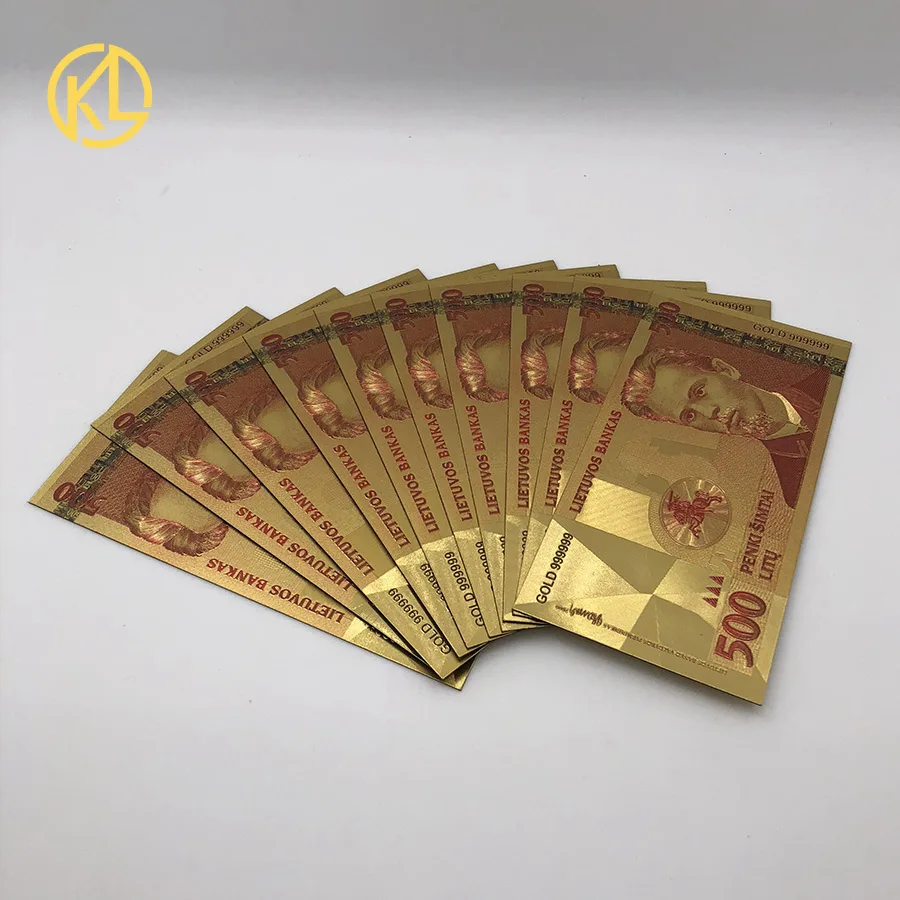 

10pcs Colored Lithuanian 500 Litas Gold Foil Replica Banknote ticket for popuplar poet VincasKudirka souvenir and collection