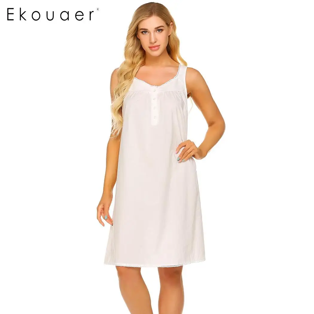 white Ekouaer женская летняя одежда для сна хлопковое Ночное платье Ночная рубашка на бретелях без рукавов с v-образным вырезом плиссированная свободная Ночная Рубашка домашняя одежда ночные рубашки - Цвет: white