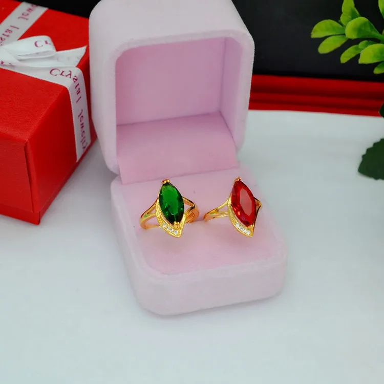 Teardrop Shape Necklace Rings Set for Women Yellow Gold Filled Red Crystal Zircon Pendant Choker + Opening Ring | Украшения и