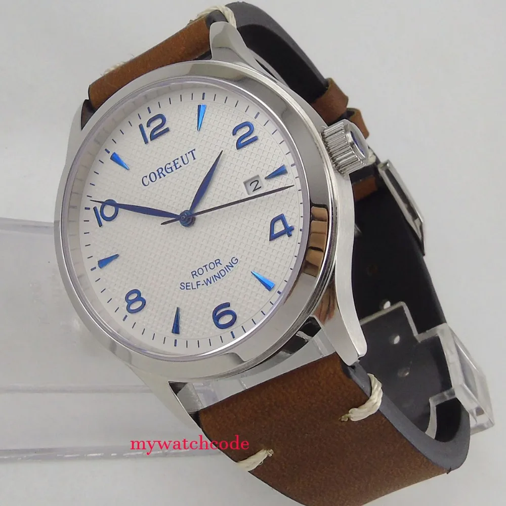 42mm corgeut white dial blue marks Sapphire Glass miyota Automatic mens watch C100 | Наручные часы