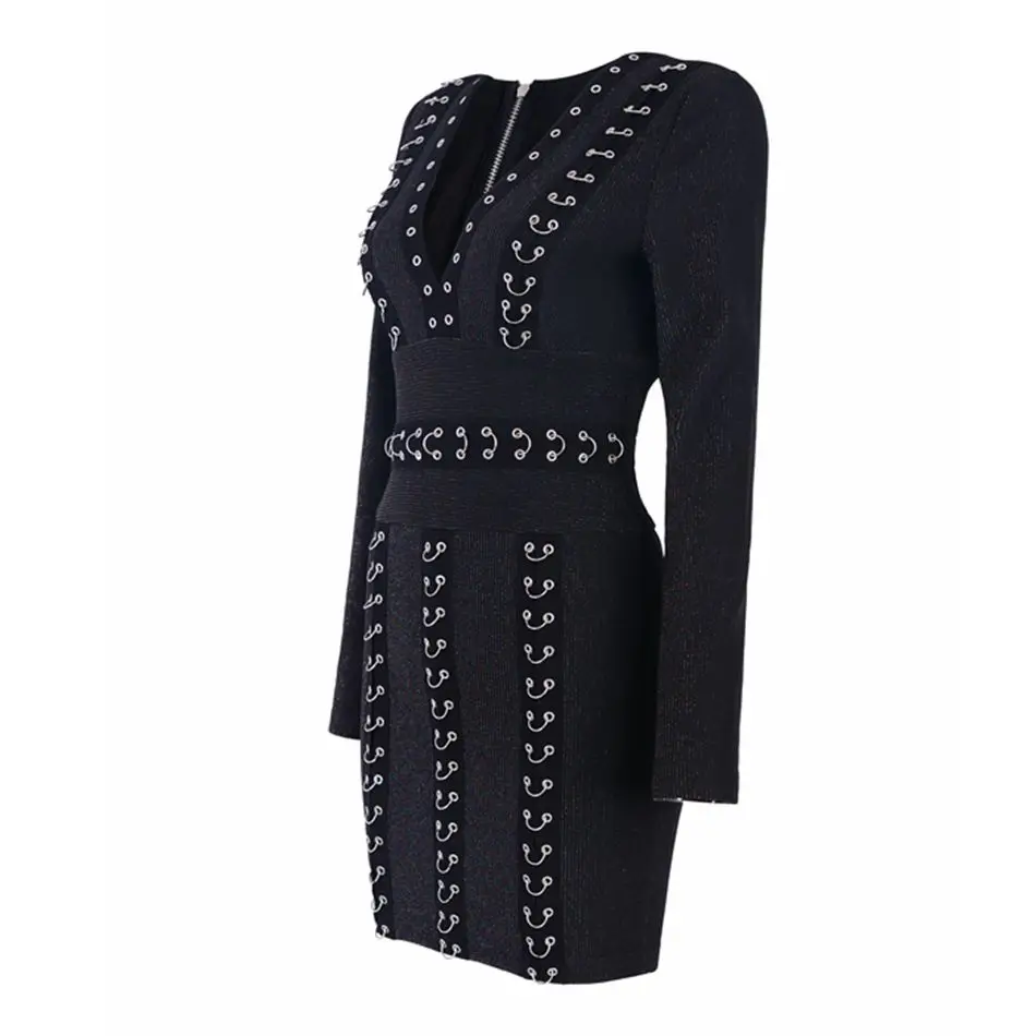 Newest Celebrity Party Bodycon Bandage Dress Women Black Long Sleeve V-Neck Sexy Nightclub Vestidos Wholesale | Женская одежда