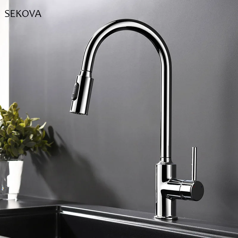 

Chrome Plated Brass Cold And Hot Kitchen Faucet Pull Out Kitchen Sink Water Mixer Tap with Two Spray Mode Single Handle