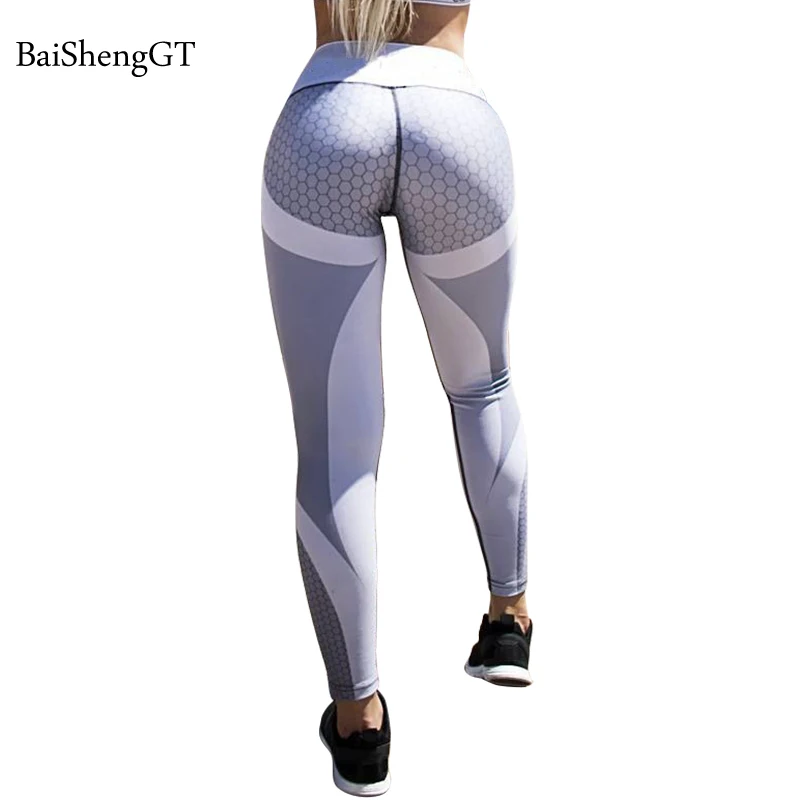 Mesh Print fitness leggings For Women Sporting Workout Leggins Elastic Slim High Waist Hip Push Up Black White Pants | Женская одежда