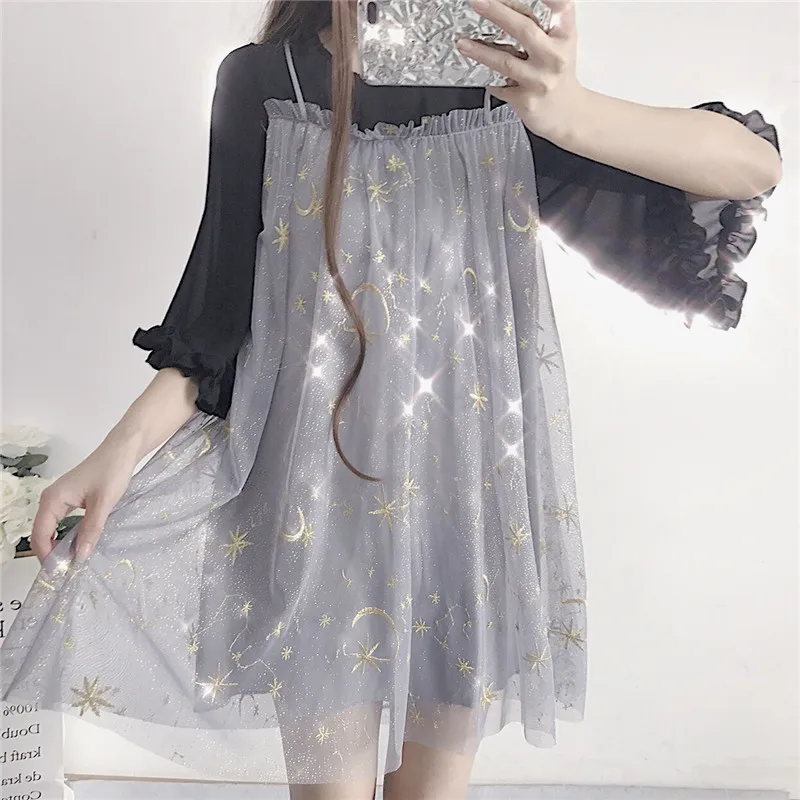 Sweet Girl Women's Fall Fake-Two-Piece Mini Dress One Piece Net Yarn Star Embroidery 2018 Autumn Fairy Kei Flare Sleeve | Женская