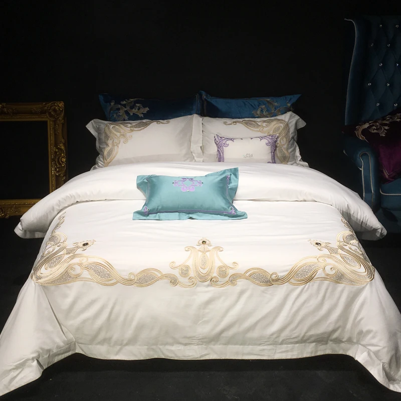 

120S Egyptian Cotton Luxury Embroidery Royal Bedding Set 4pcs King Queen white Wedding Bed Sheet set Duvet cover Pillowcase blue