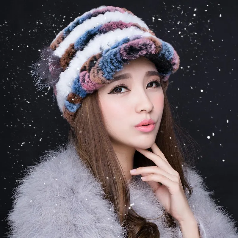 (TopFurMall) Разноцветные Женские Вязаные шапки из меха кролика Рекс женские зимние