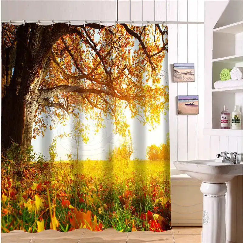 Занавеска для душа с принтом деревьев заката Листьев дороги природного