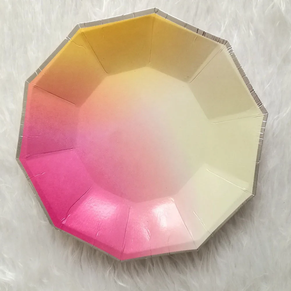 Радужные градиентные одноразовые наборы посуды бумажные тарелки для вечеринки