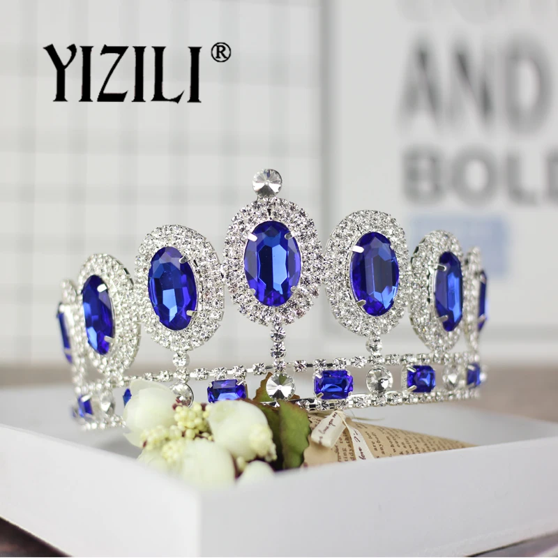 

YIZILI Blue Big Crystal dinner Queen King Bride Crown Bridal Hair Head Jewelry flower girl dresses performance accessories C039