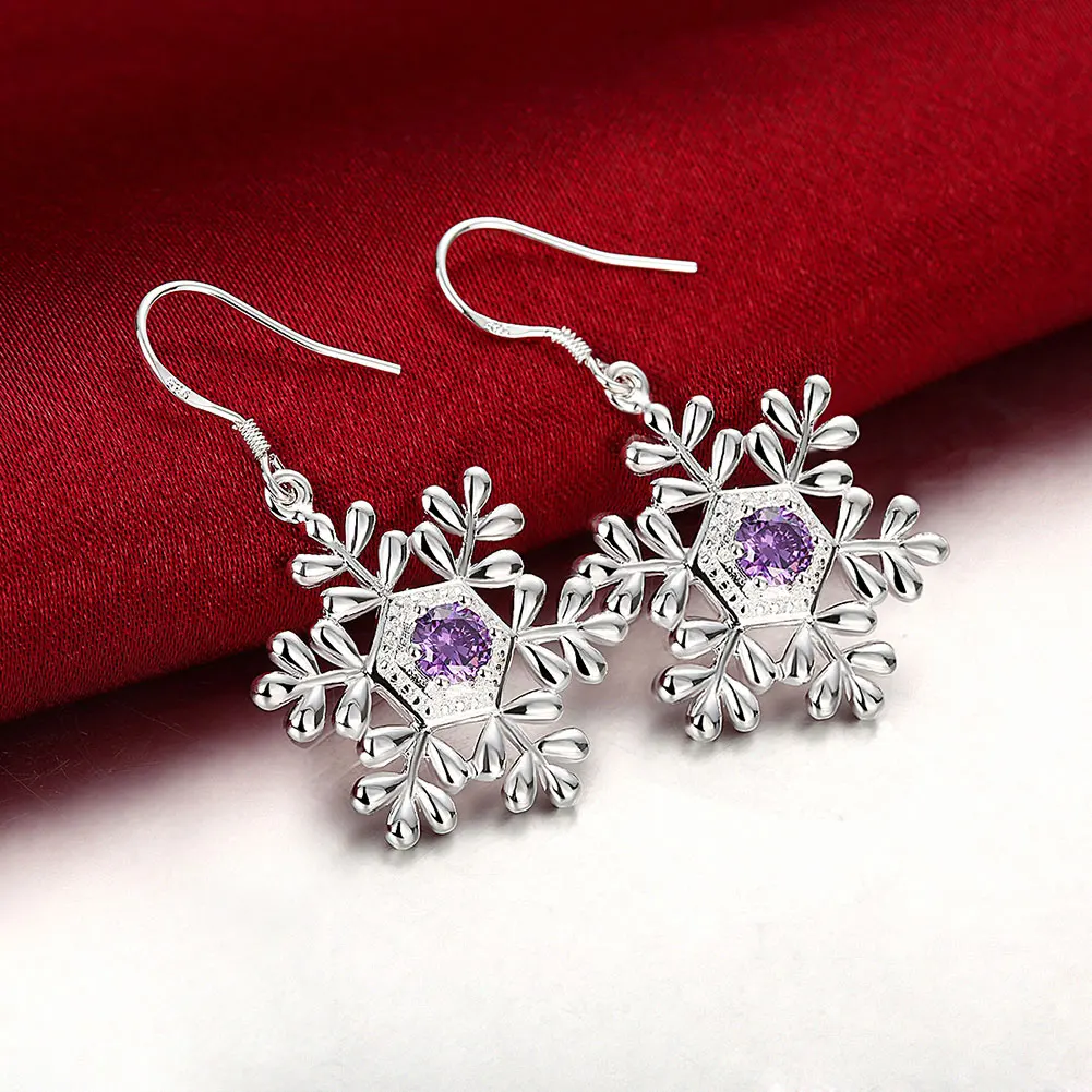 E740 Оптовая моды посеребренные серьги-гвоздики Snow Flake Серьги фиолетовый камень