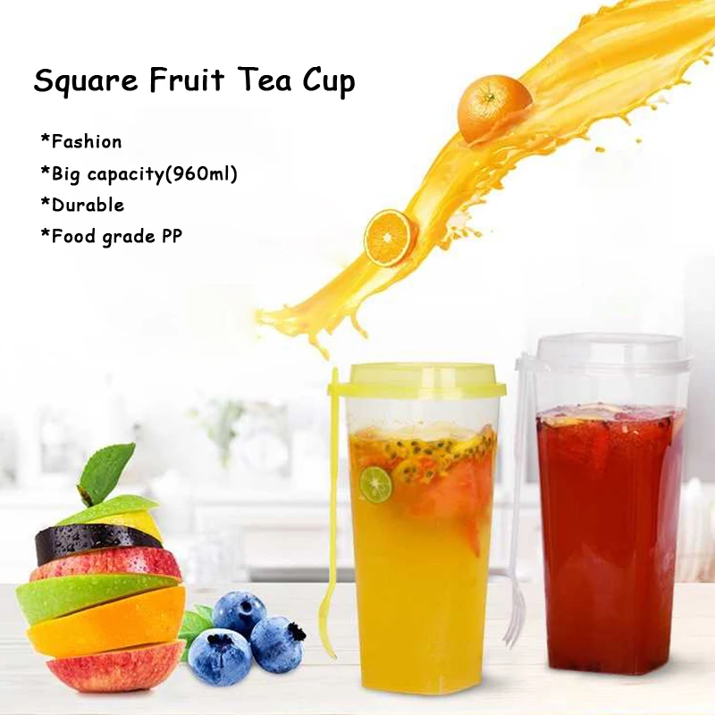 Disposable Plastic Fruit Tea Cup Take Out Drinks Mug With Lid And Fork One-off Big Capacity Drinkware Milk Packing Tools | Дом и сад