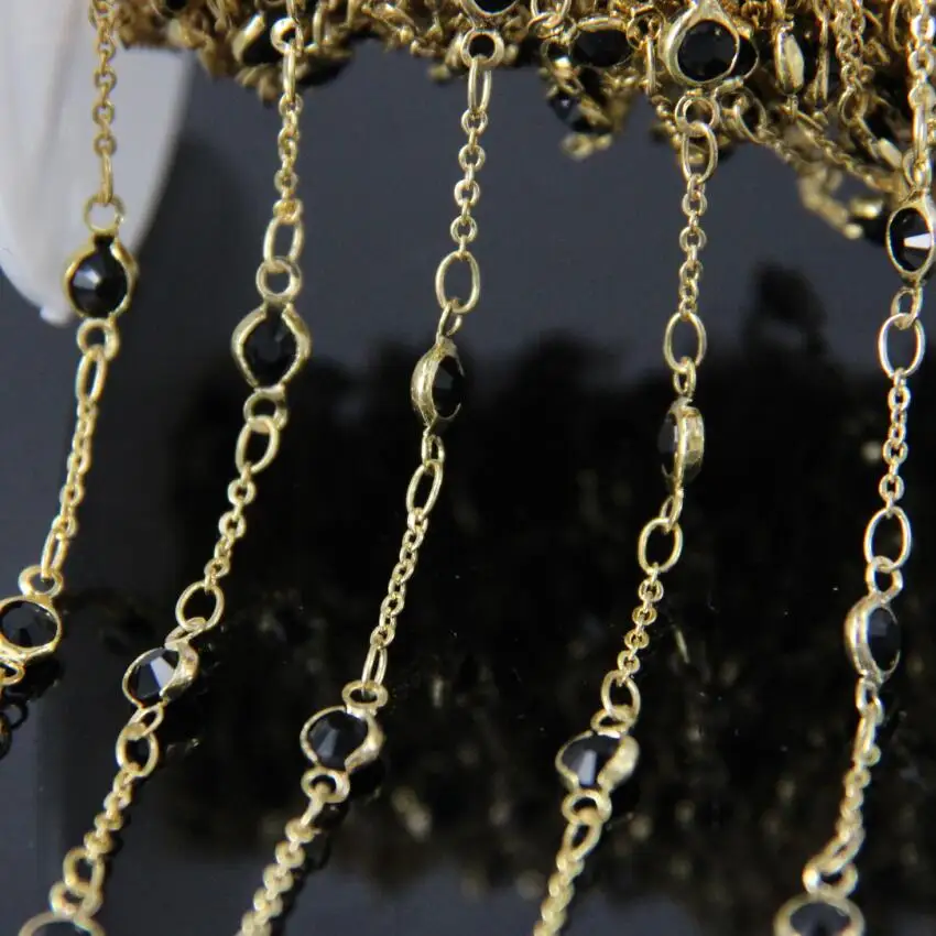 

Gold Plated Wire Wrapped Faceted Glass Flat Round beads Chains,Black Glass beads Coin Chains bracelet woman sweater chains,4mm