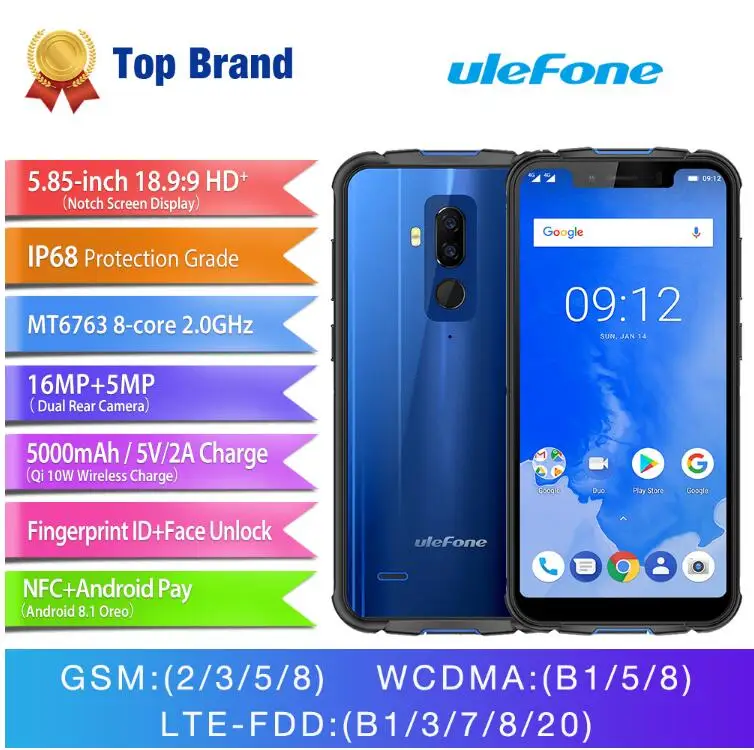 Ulefone Броня 5 85 &quotMTK6763 Octa Core 5000 mAh Быстрое беспроводное зарядное устройство 4 GB + 64 16MP