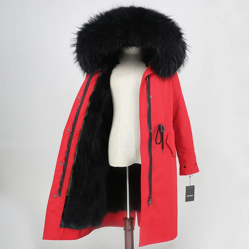 OFTBUY X-длинное пальто с натуральным мехом, зимняя куртка, Женская парка с натуральным мехом, подкладка из меха норки, воротник из меха енота и лисы, капюшон, теплая уличная одежда - Цвет: red black