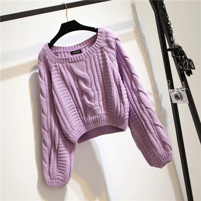 Candy colors Twisted lines Solid Sweater Autumn Winter New O-neck Long Sleeve Lantern Short Pullovers Jumper | Женская одежда