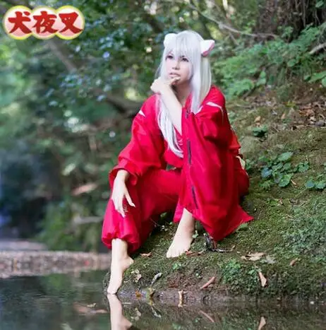 InuYasha красное кимоно косплей костюм + пояс гэта носки ожерелье браслет Ухо|costumes