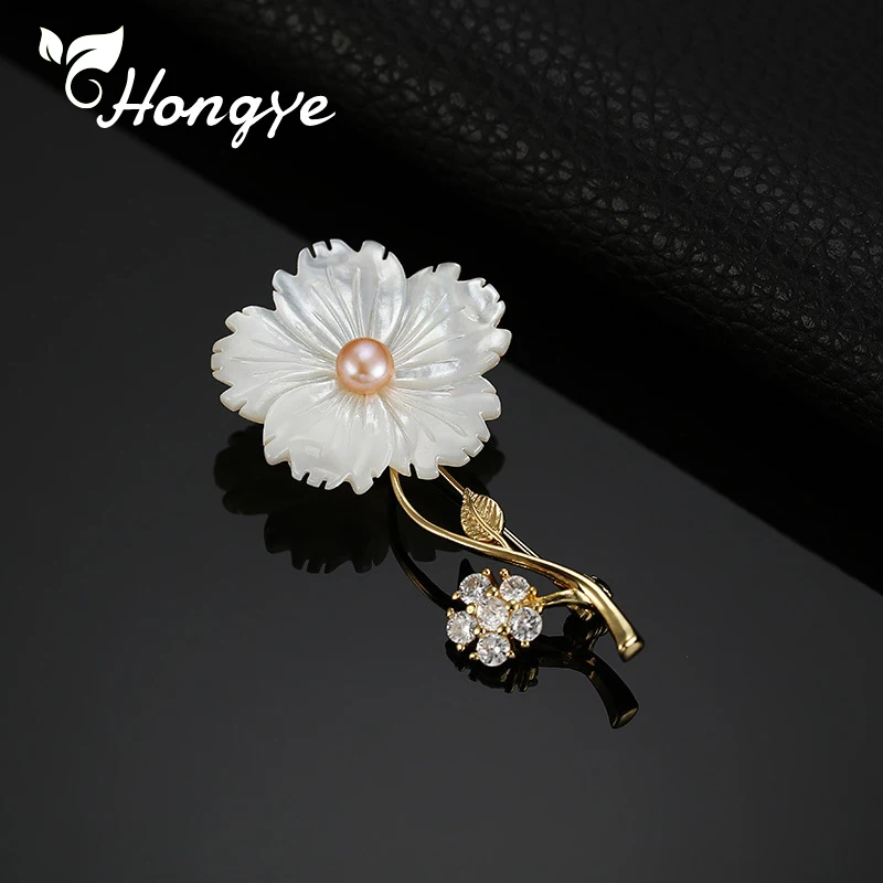Hongye 925 пробы, серебряные броши для женщин, дизайнерский бренд, вставка из циркона, цветок, брошь на булавке, женская элегантная брошь из пресноводного жемчуга
