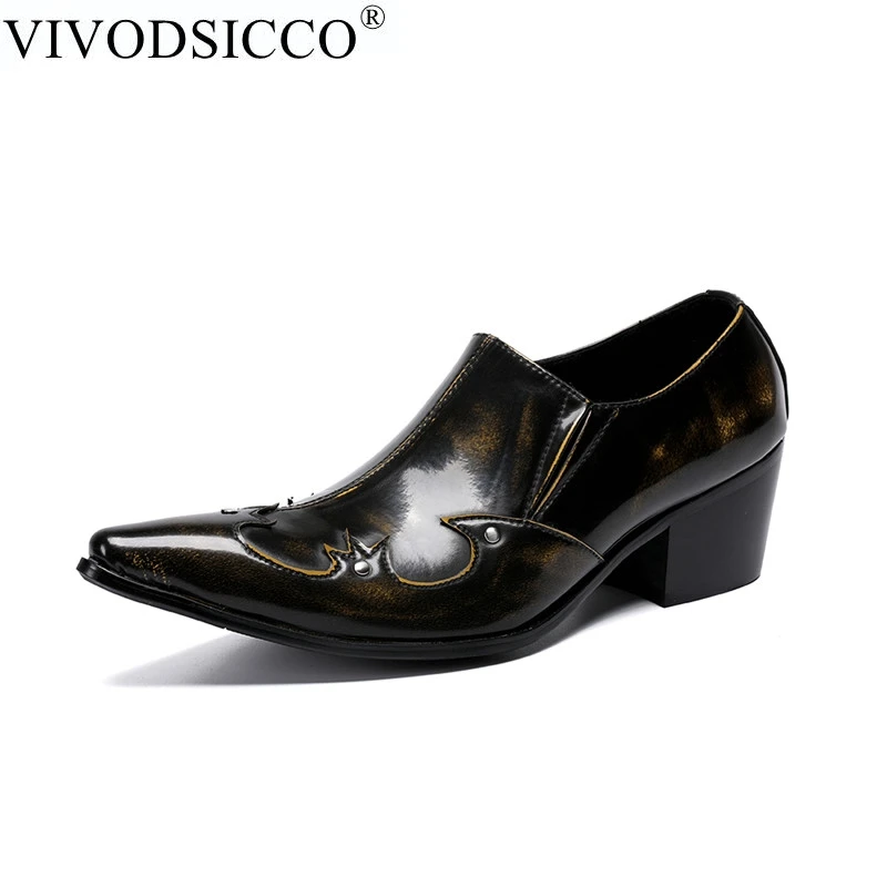 

VIVODSICCO 6.5cm High Heel Men Shoes Pointed Toe Leather Dress Shoes Slip-on Zapatos Hombre Formal Shoes Men Business party shoe