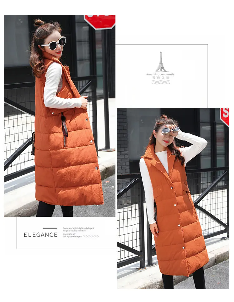 Autumn Winter Women's Vest New Arrival Fashion Female Long Vest Turn-Down Collar Button Slim Down Cotton Vest Mujer CQ2358