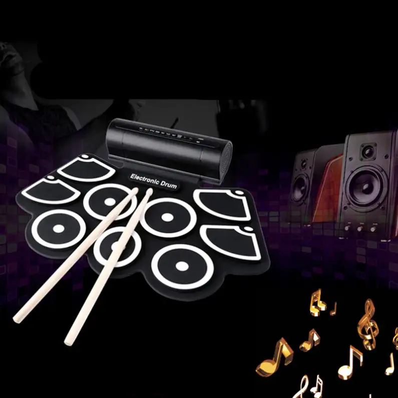 

Portable Roll Up Electronic Drum Set 9 Silicon Pads Built-in Speakers with Drumsticks Foot Pedals Support USB MIDI