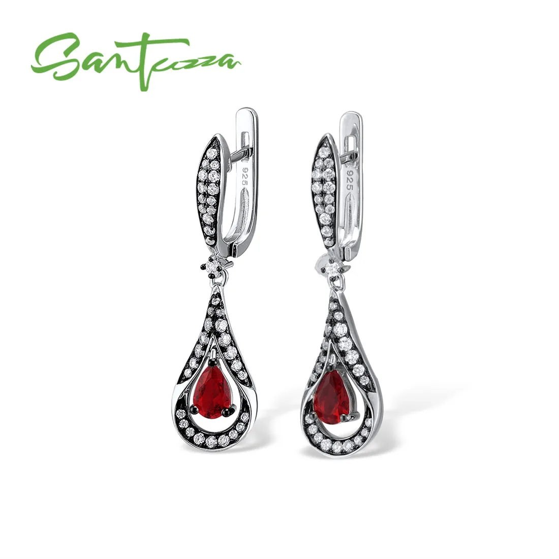 Женские серебряные сережки SANTUZZA длинные из 925 пробы серебра с красным фианитом