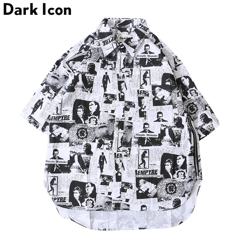 Мужская рубашка в стиле хип хоп DARK ICON черная белая с принтом на боку и молнии