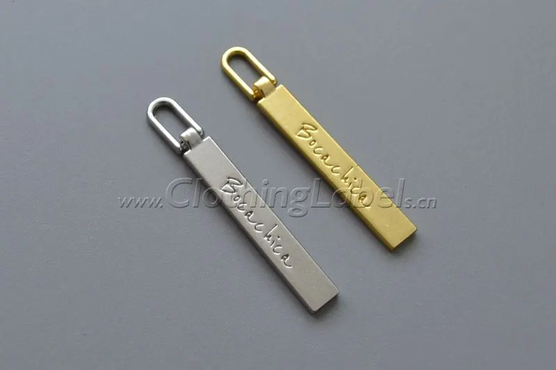 

custom zipper puller for clothing, zinc alloy material, matt sliver or gold color, engraved logo