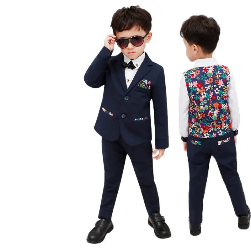 Детский вечерний костюм смокинг для мальчиков свадебный с цветочным принтом