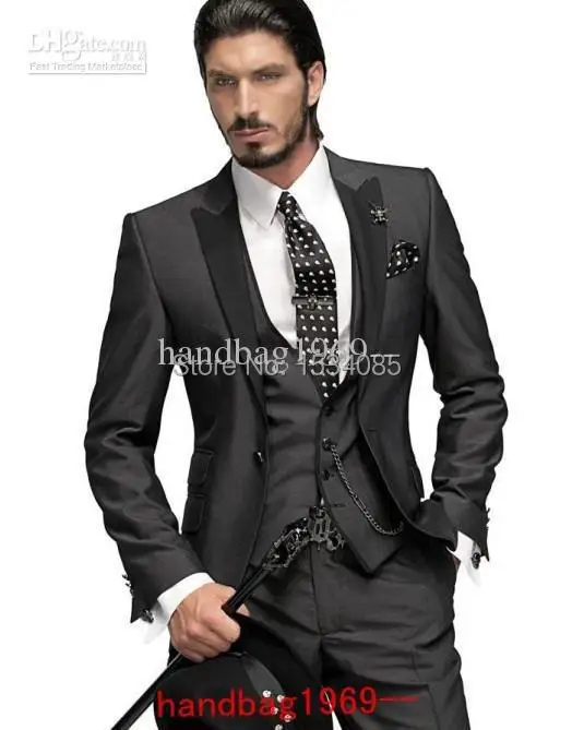 2015 Custom Made One button Charcoal Groom Tuxedos Best Man Suits Groomsmen Men Wedding (Jacket+Pants+Vest+Tie) OK:324 | Мужская одежда