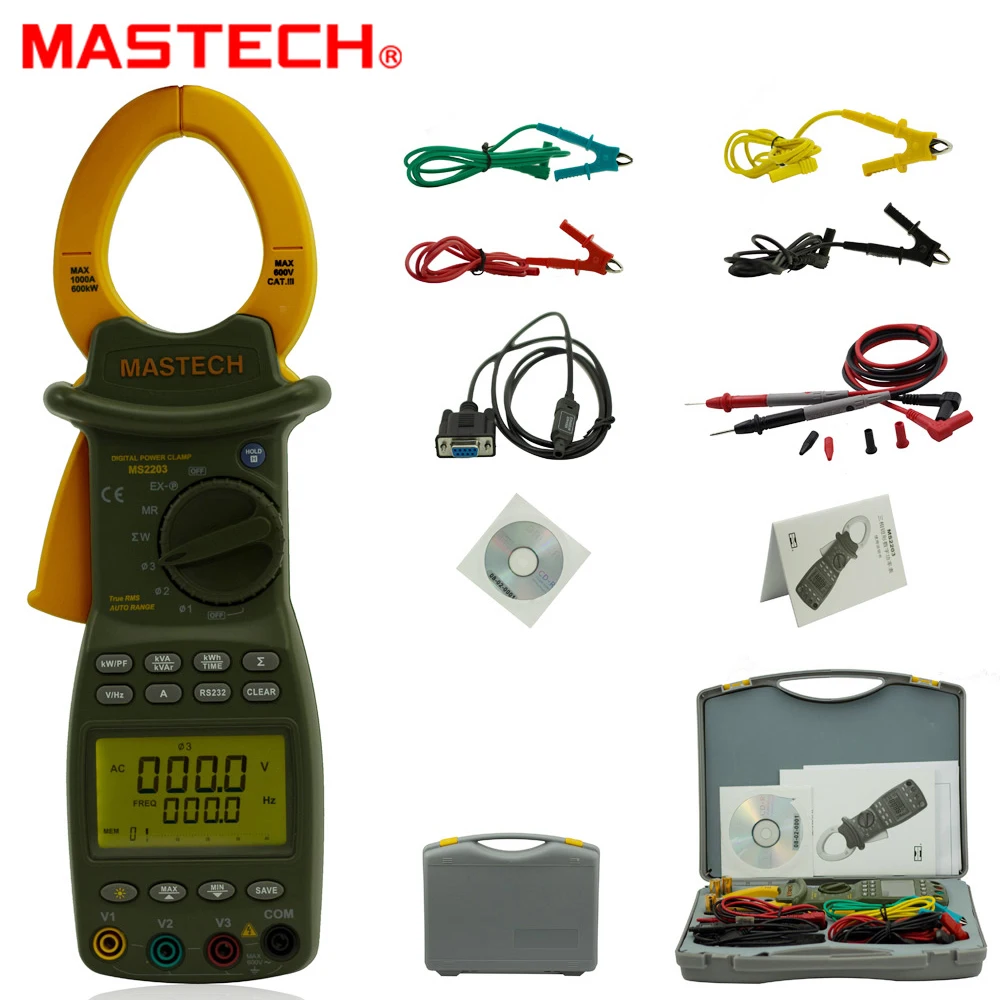 

MASTECH MS2203 TRMS 3-Phase Intelligent Power Clamp Meter & RS232 V/A/W/VA/VAR/kWh/PF/Hz measurement
