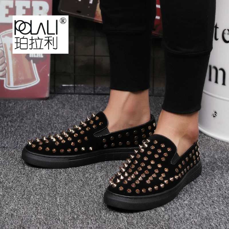 POLALI Men's Wedding Party Shoes Fashion Spikes Man Loafers Rivets Glitter Casual Driving Mens Flats Black Gold | Обувь