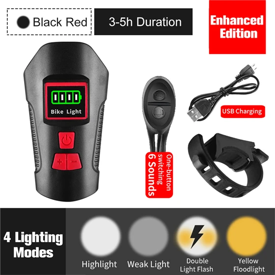 Enhanced Black Red WEST BIKING передняя фара для велосипеда светильник велосипеда вспышка светильник руль фонарь Рог Скорость метр ЖК-дисплей Экран зарядка через usb Велоспорт головной светильник - Цвет: Enhanced Black Red