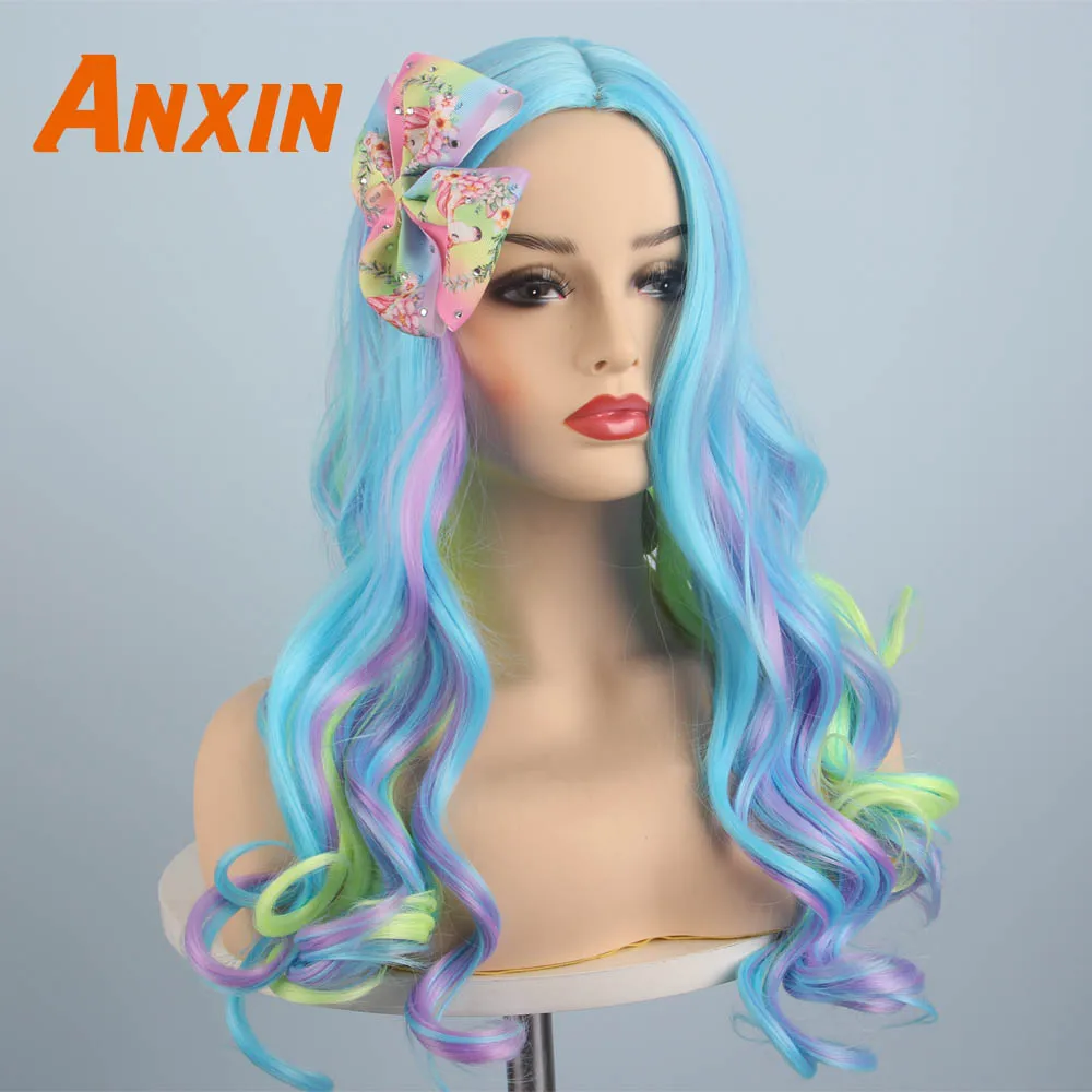 Wig And AccessorieA Anxin милые длинные волнистые красочные с цветком Bwoknot аксессуары вечерние аниме термостойкие синтетические парики для женщин девочек - Цвет: Wig And AccessorieA