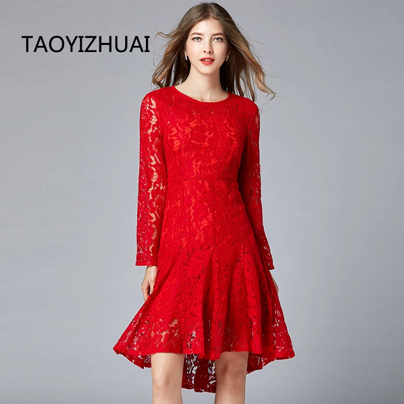 Женское кружевное платье TAOYIZHUAI Красное Облегающее рыбий хвост с длинными