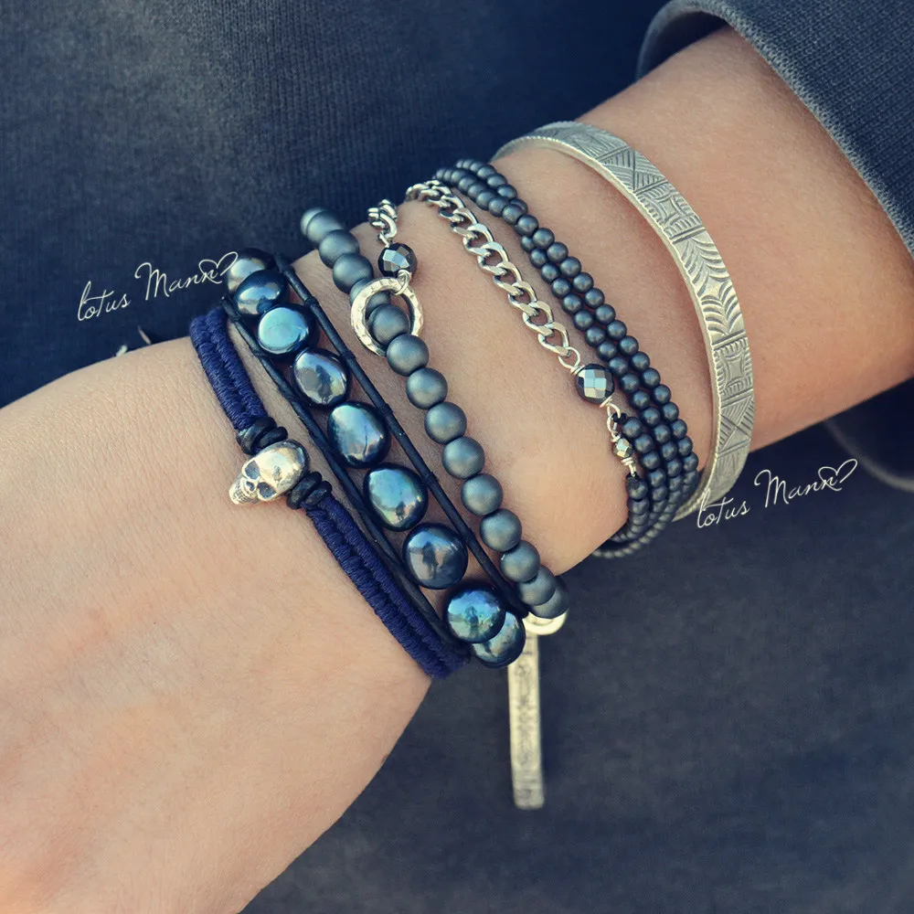 

Lotus Mann Black leather rope silver skull dark blue knitting single bracelet