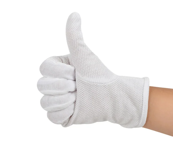 10 Pair / lot , Non-slip Cotton gloves driver skid latex point gloves White beads Work wear resistant labor protection ritual latex gloves security protective five fingers wear resistant non slip 1 pair red and yellow for casting metallurgical