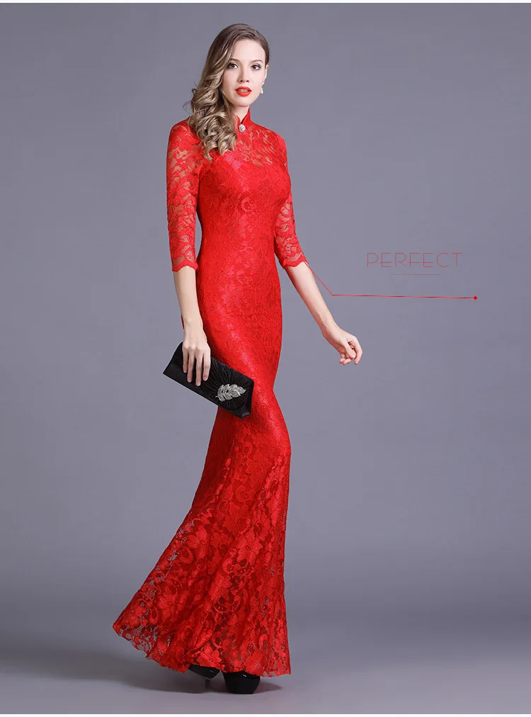 Эластичное кружевное длинное китайское вечернее платье Qipao, элегантное женское свадебное вечернее платье, красное платье-Русалка Cheongsam, Сексуальное Дешевое Qi Pao Chipao