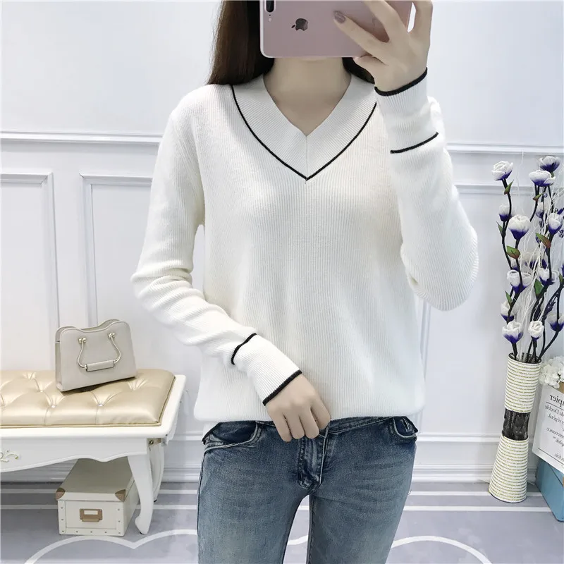 2018 New Women Sweaters And Pullovers Autumn Winter Long Sleeve V-neck Pullover Female Casual Knitted Sweater Pull Femme | Женская
