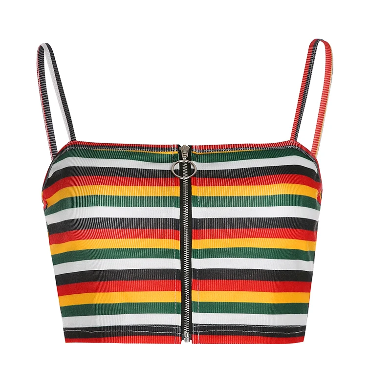 Cute Rainbow Stripes Printed Sexy Women Crop Tops Zipper Harajuku Camis Tops Backless Summer Tops Hot Holiday Cuteandpsycho