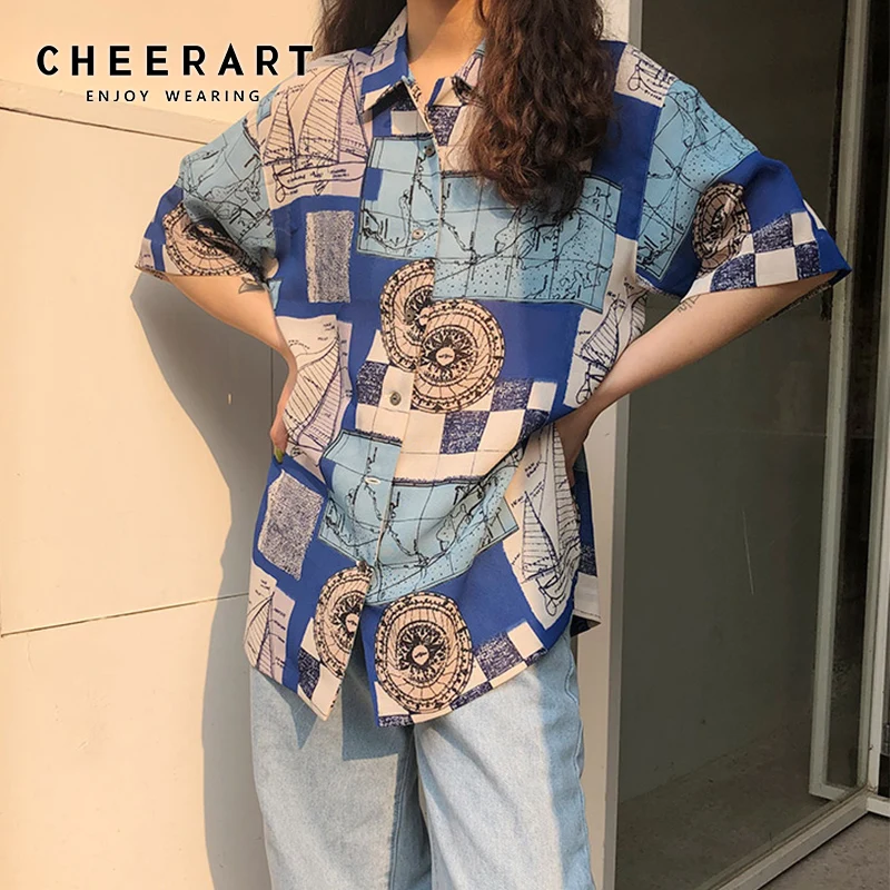 Женская блузка с коротким рукавом Cheerart Harajuku синяя свободная рубашка принтом топ