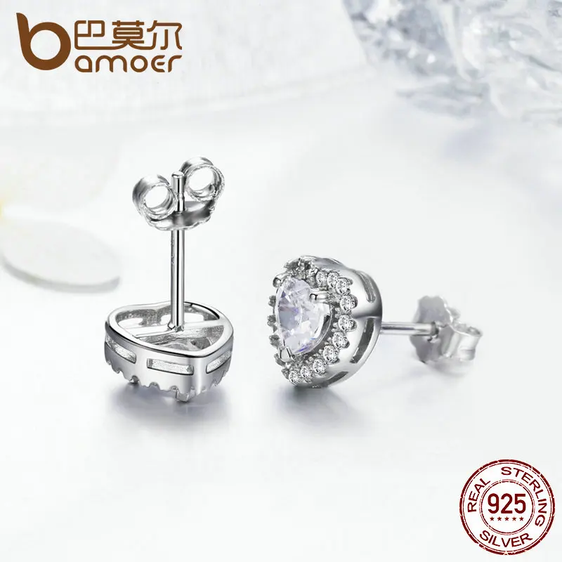 BAMOER, Новое поступление, 925 пробы, серебро, двойное сердце, любовь, серьги-гвоздики для женщин, прозрачный CZ, серебряные серьги, ювелирные изделия, Brincos SCE059