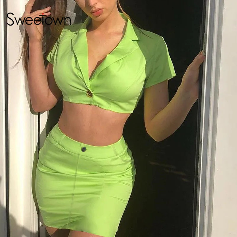 Sweetown зеленый офисный женский спортивный костюм, женский укороченный жакет с отложным воротником и юбка, сексуальный комплект из двух предметов, юбка, летняя одежда